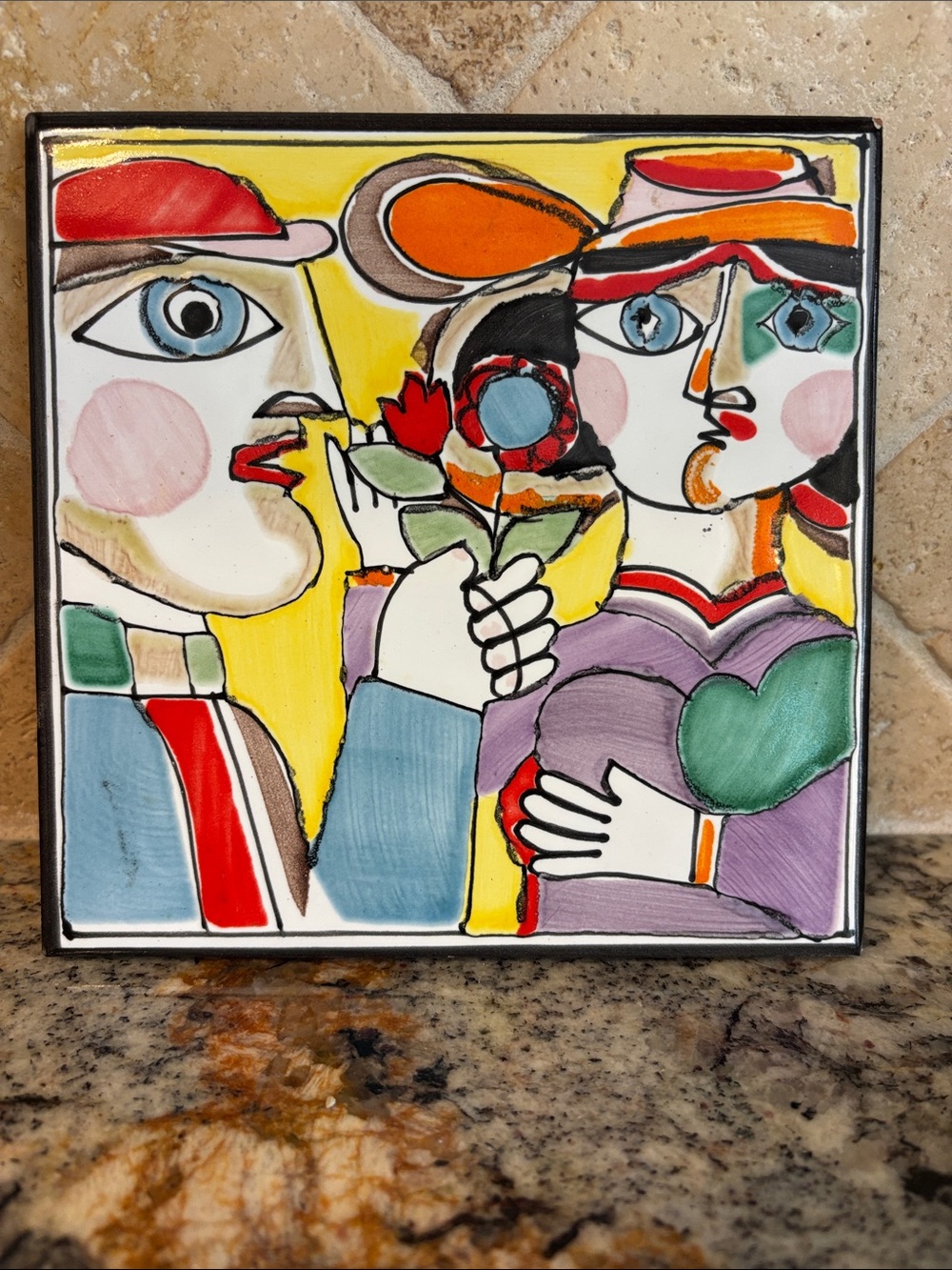 Italian Hand-Painted Abstract Couple Ceramic Wall Tile